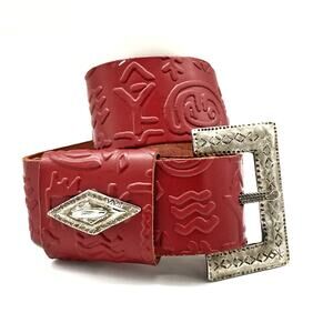 Vintage French Red Tooled Leather Belt w/ Sculptural Silver Buckle & Keeper 80s